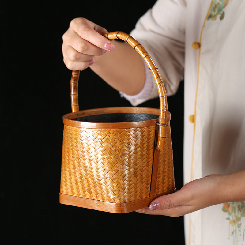 越南竹柒阁围炉煮茶手工竹编碳篓炭钵竹炭筐橄榄炭盒炭竹提篮茶具