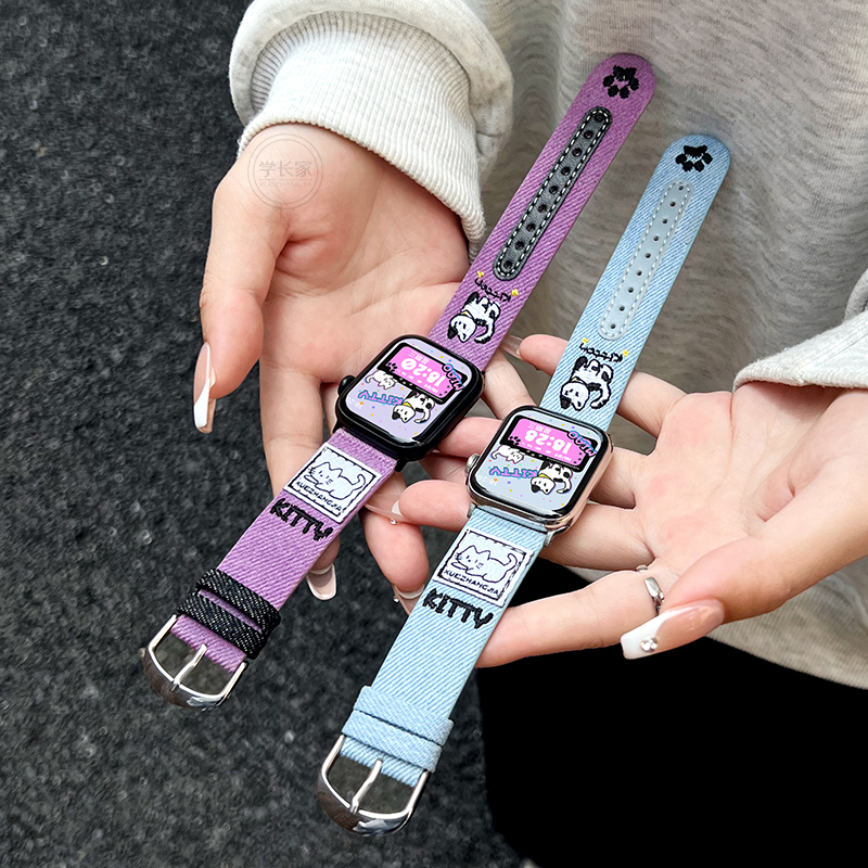 适用小米8pro手表带7pro牛仔刺绣猫咪9pro版红米watch4智能运动手表5新款手腕带redmiwatch4女生高级感替换带