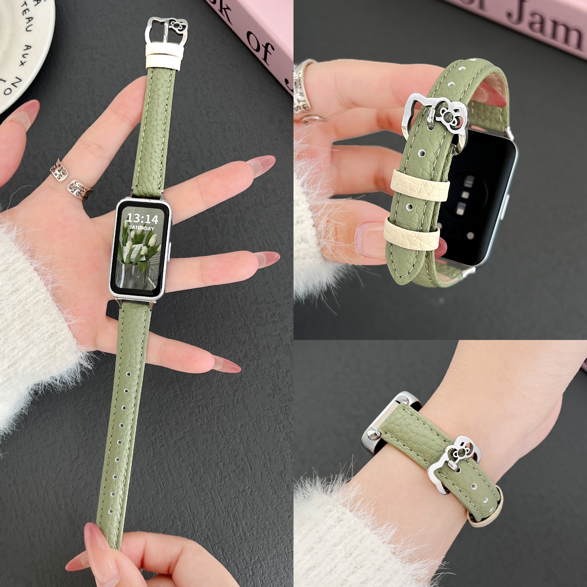 学长家创意荔枝纹kt猫皮质表带女