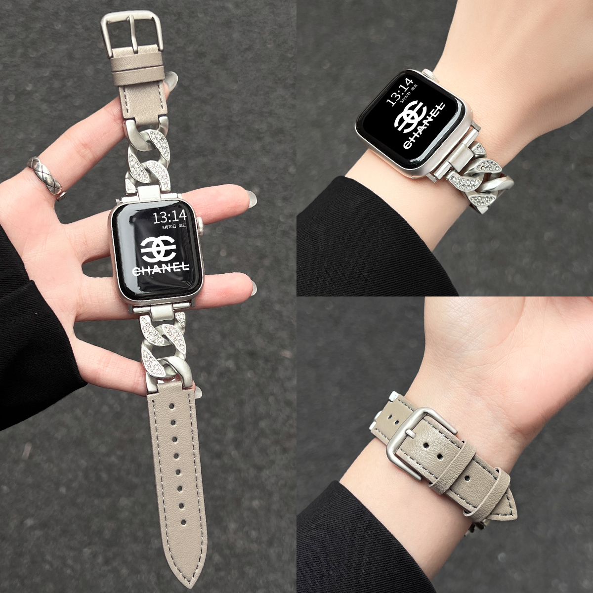 学长家创意镶钻金属间皮表带秋冬