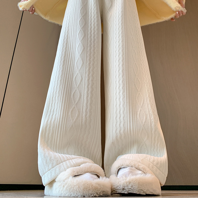 麻花纹雪尼尔加绒阔腿裤女秋冬2024新款高腰休闲白色窄版拖地裤子