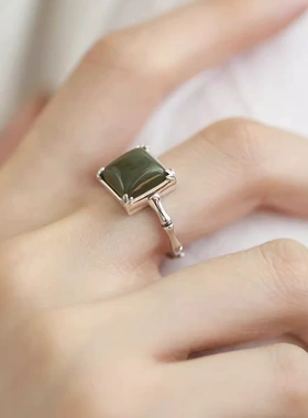 925纯银复古民族风方形竹节碧玉戒指小众设计高级感轻奢国风戒指