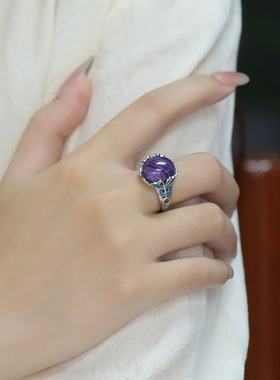 S925纯银复古紫气东来蝴蝶戒指女民族风招财小众高级感蛋面指环