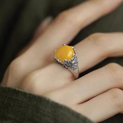 新中式蜜蜡祥云S925银戒指女轻奢高级感复古国风开口可调节食指环