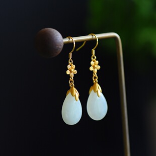 天然和田白玉碧玉南红青玉绿松耳钉耳环耳钩925纯银镶嵌古法金