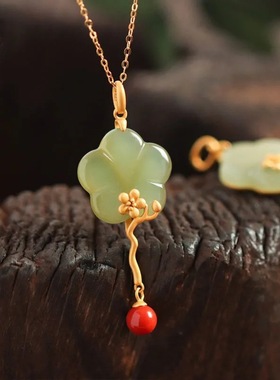 古风天然和田玉梅花纯银项链