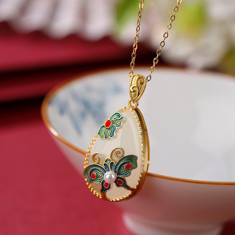 宫廷国潮和田白玉古法吊坠女款镀金包银新中式国风玉石金镶玉项链