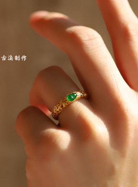 宫廷古风天然和田玉碧玉戒指女
