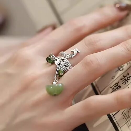 925银新中式复古做旧碧玉元宝孔雀流苏戒指女民族风文艺个性指环