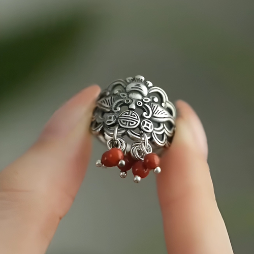 「福至」S925银南红玛瑙圆珠蝙蝠戒指女士新中式福气满满个性指环
