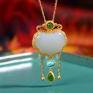 古风长命锁吊坠女天然玉石平安锁和田玉项链金镶玉生日礼物女友