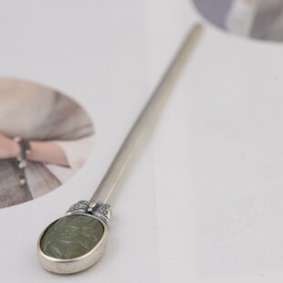 s925镀银古风发簪盘发百搭和田玉蝴蝶牡丹步摇发栈子复古一字素簪