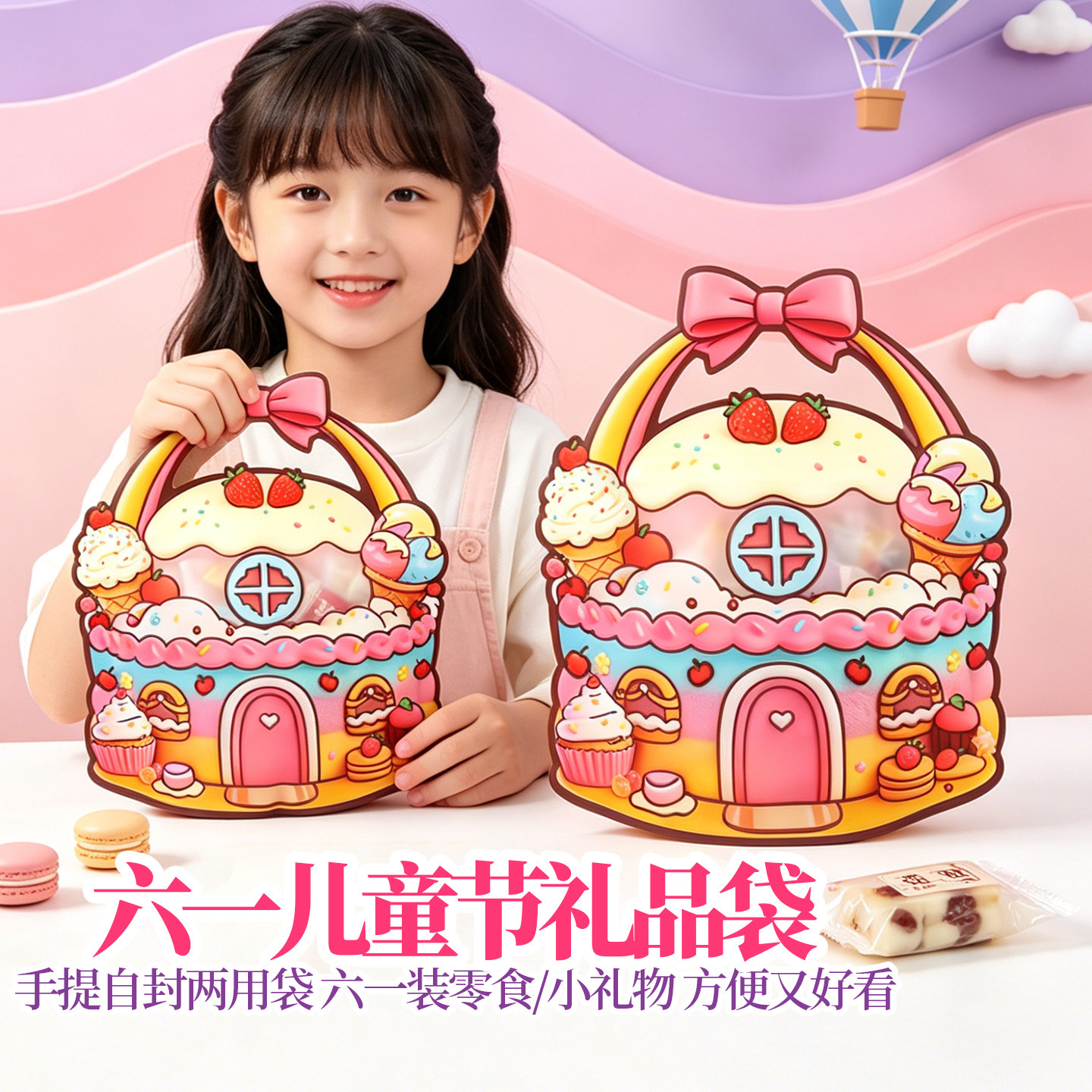 六一儿童节礼品袋卡通手提自封袋蛋糕造型幼儿园糖果零食包密封袋