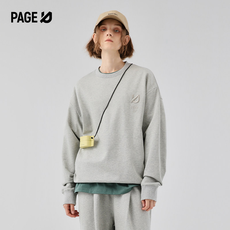 page up秋季新款印花圆领卫衣男士潮牌女长袖基础休闲情侣款上衣