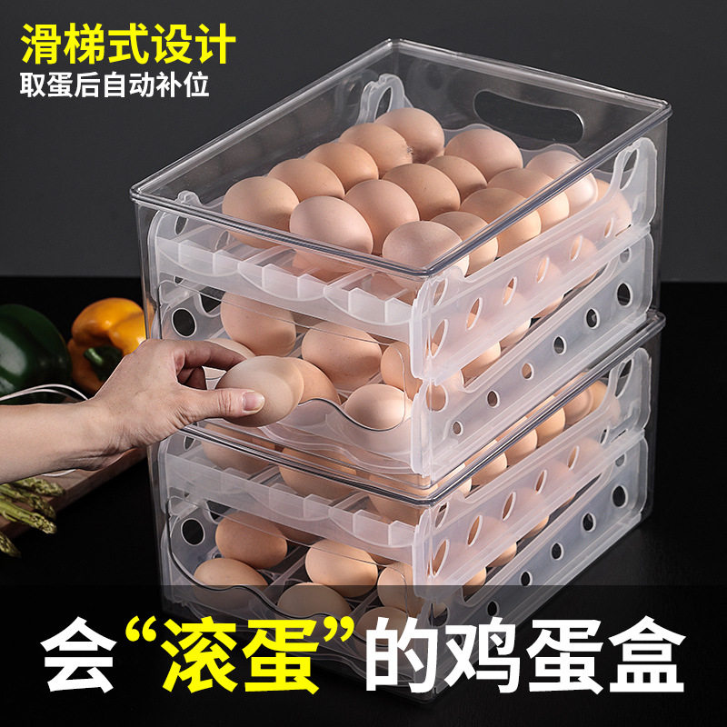 滑梯式滚动鸡蛋盒收纳盒带盖可叠加塑料防碰撞储存盒双层冰箱保鲜