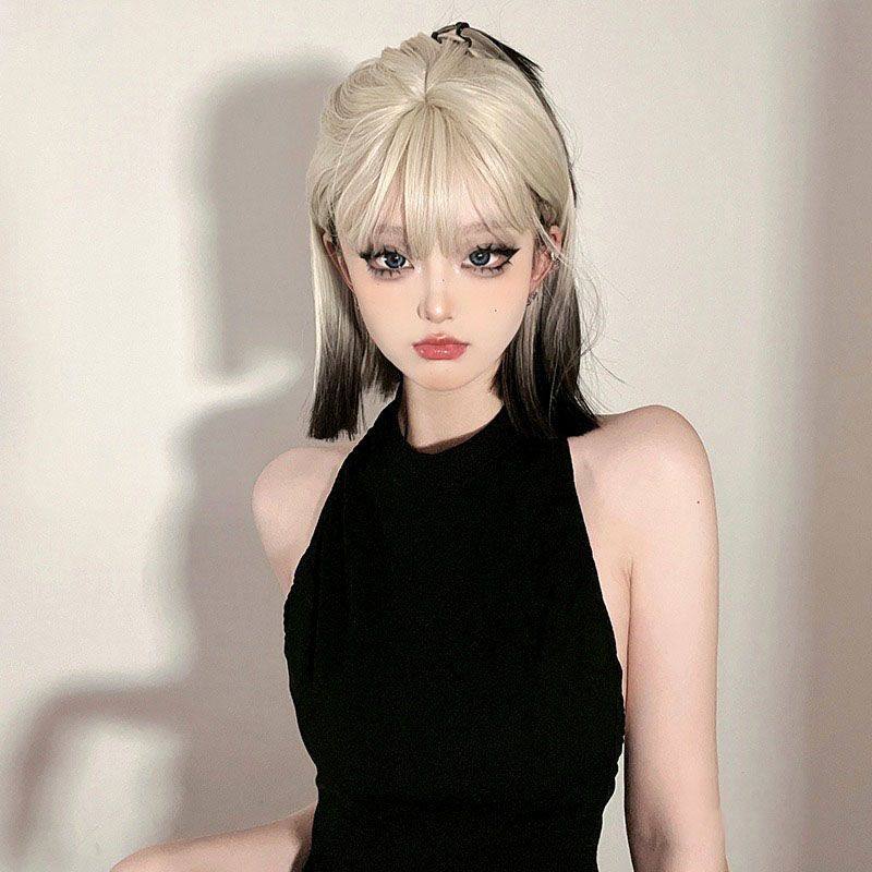 假发女短发全头套网红渐变齐刘海短直发白金渐变黑Lolita全头假发