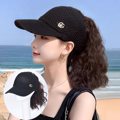 帽子假发一体女夏季时尚遮阳透气鸭舌帽仿真短卷发一体式高马尾