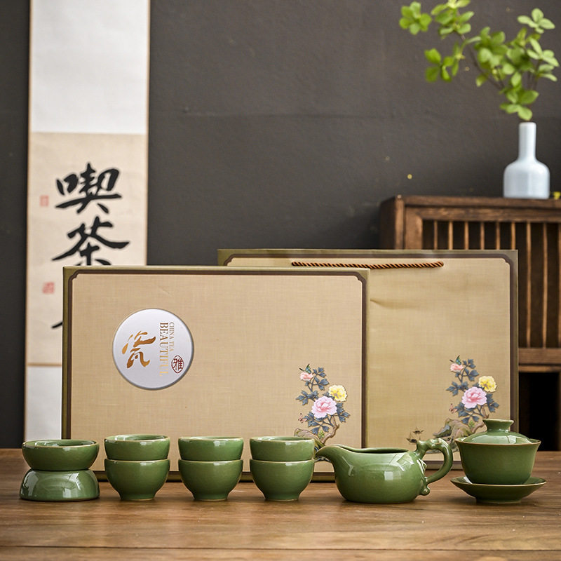 粉青黛纯色哥窑十头茶具套装中国风礼盒装家用礼品节日礼功夫茶