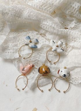 弥亦「小动物们的聚会」可爱手作陶瓷珠戒指萌系开口圈细指环