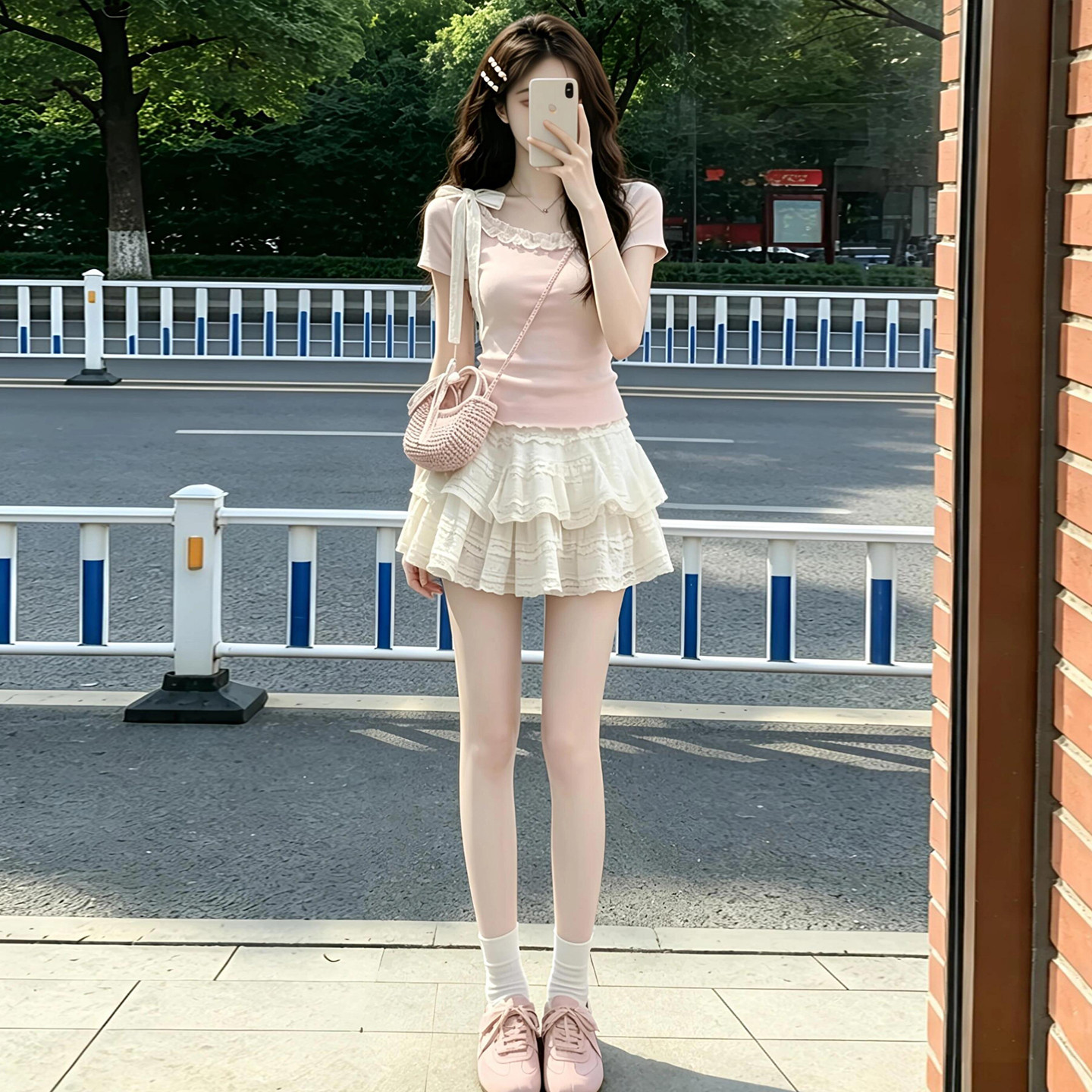 韩系巨好看粉色上衣高腰半身裙子女夏季2026年新款小个子超火套装