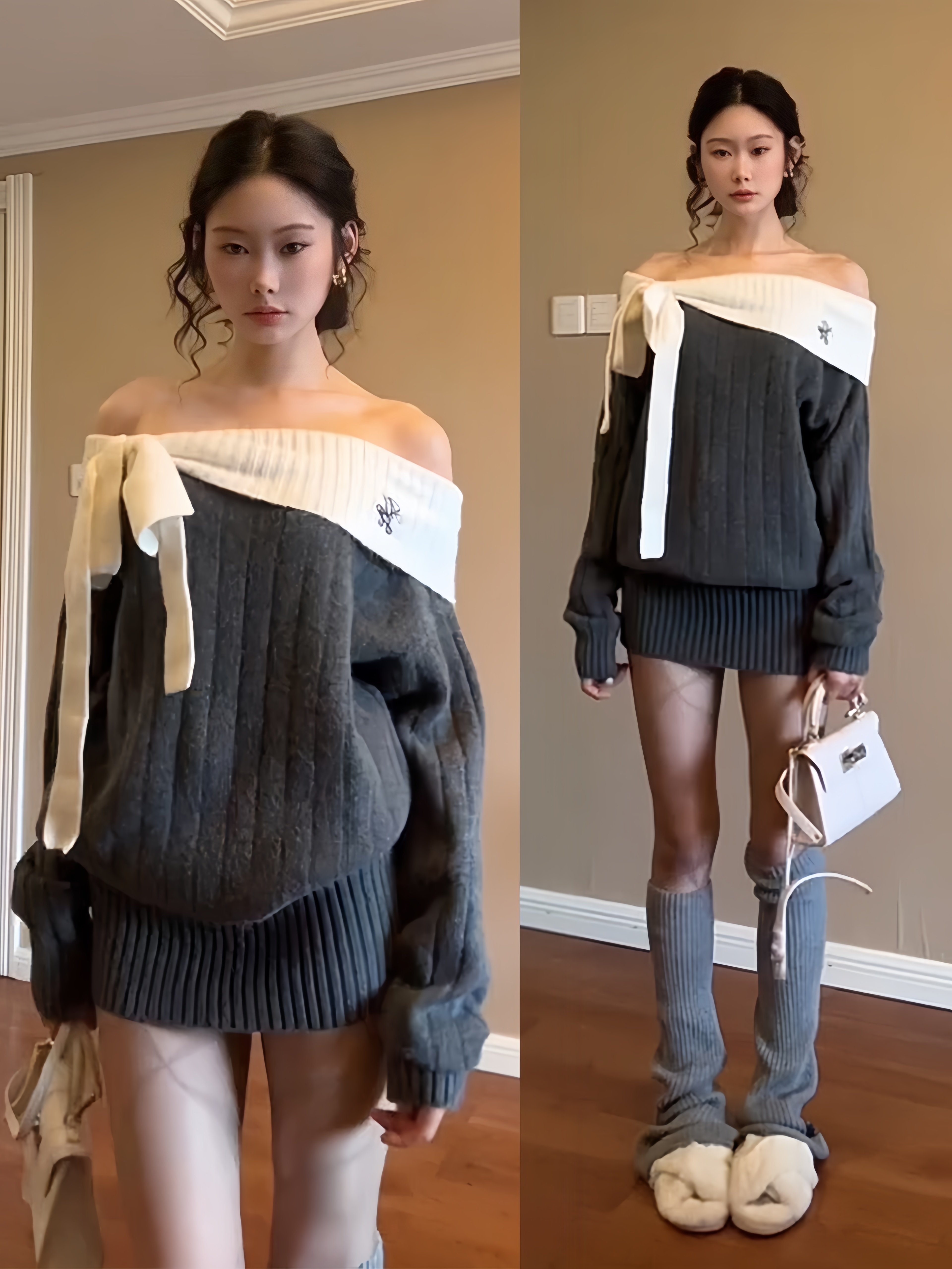 法式灰色一字肩针织连衣裙子女秋冬季2025新款巨好看气质包臀短裙