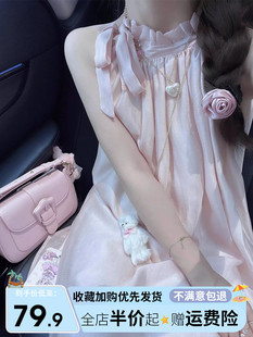 小个子显瘦公主裙 挂脖式 2023新款 连衣裙子女夏季 法式 甜美粉色无袖
