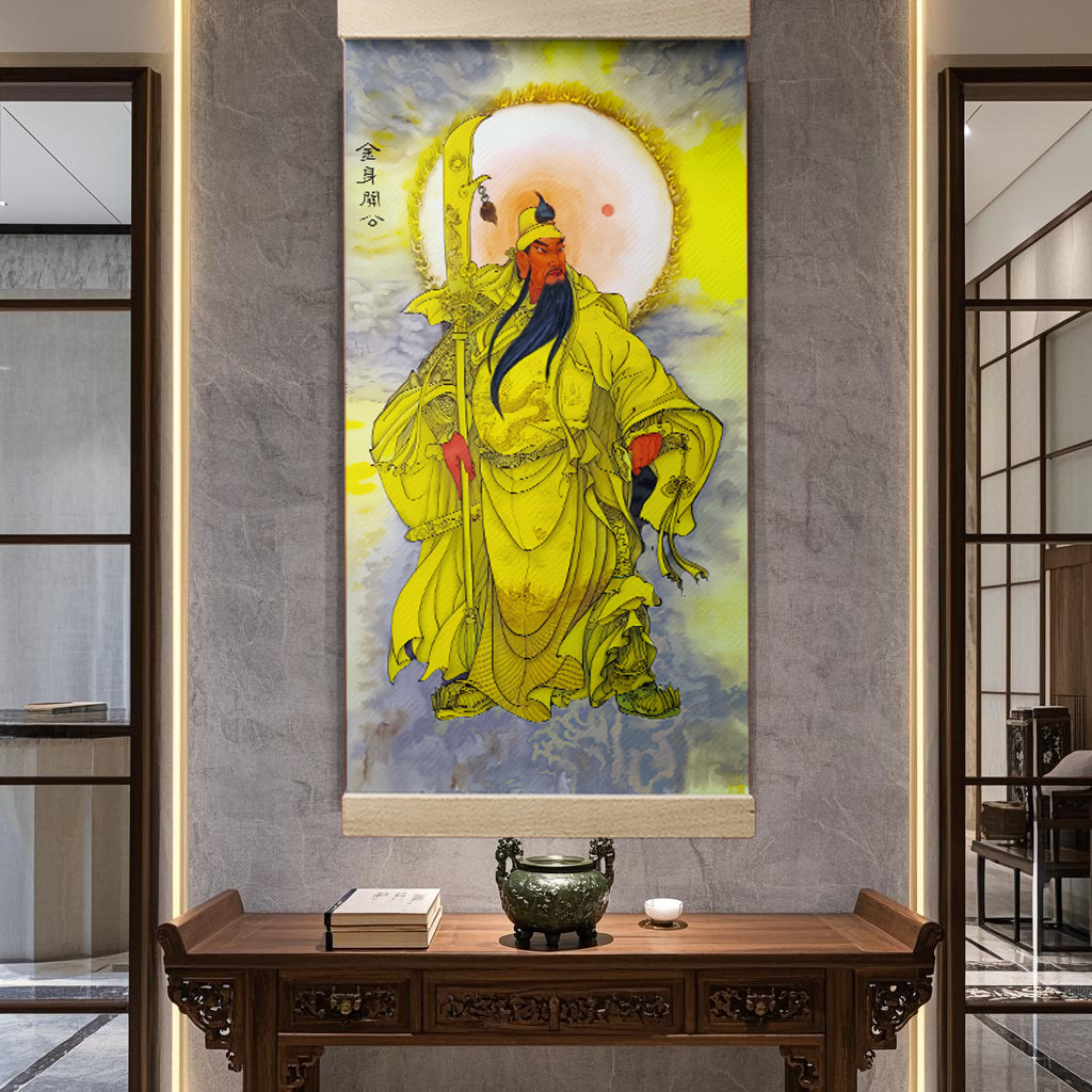 中式关羽关公挂画神像装饰客厅书房玄关武财神实木卷轴有框高级感