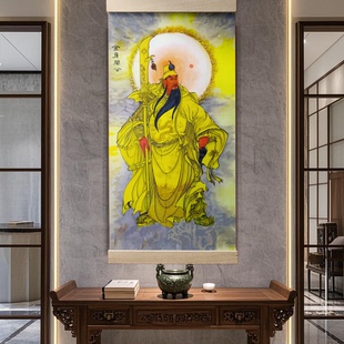 中式关羽关公挂画神像装饰客厅书房玄关武财神实木卷轴有框高级感