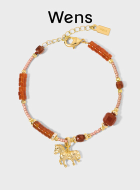 红玛瑙彩宝小福马吊坠串珠手链