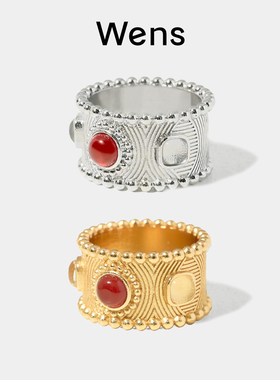 Wens部落红玛瑙金属戒指珠珠图腾纹理镶异形彩宝首饰设计女饰品