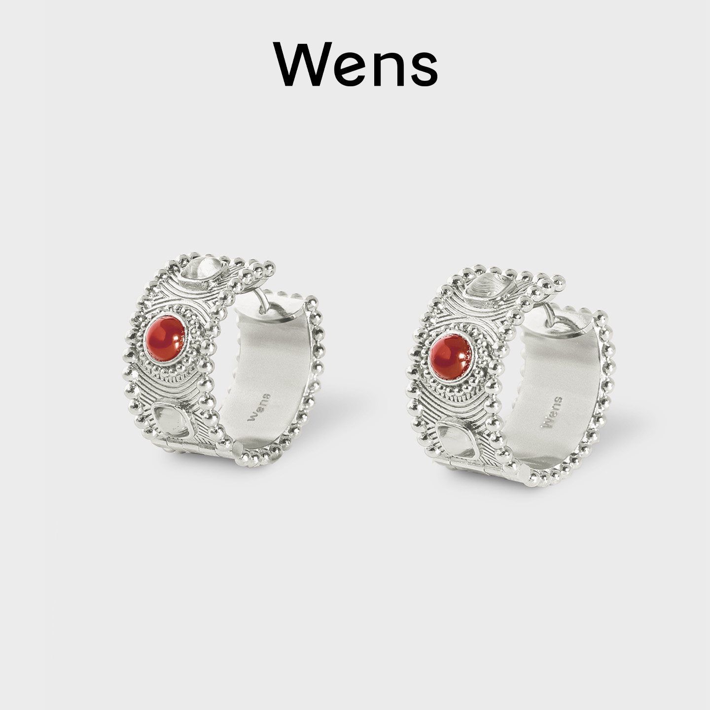 Wens明星同款红玛瑙镶彩宝耳环女红色小众设计高级感耳圈生日礼物