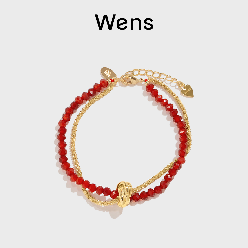Wens明星同款红玛瑙串珠缠绕绳结小众手绳首饰本命年红绳手链设计