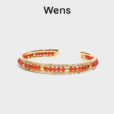 【新年礼物】Wens抱福系列金属串红玛瑙手镯开口首饰女红色本命年