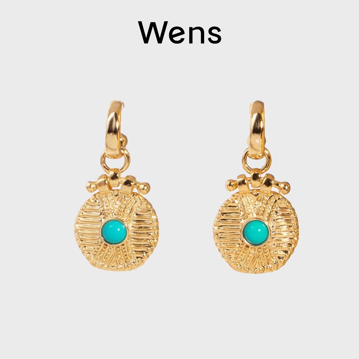 Wens部落镶绿松石金币造型耳环女仿绿松石小众设计度假风百搭耳饰