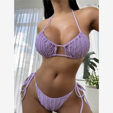 立体花边三角包比基尼系带挂脖纯色分体泳衣网红温泉泳装bikini