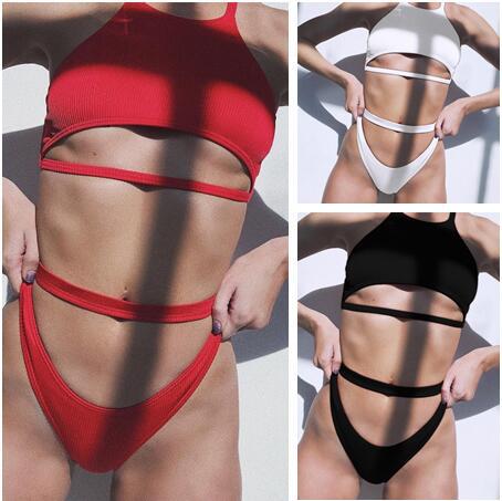 ins欧美比基尼2018特殊面料欧美纯色泳衣女士分体泳装bikinis