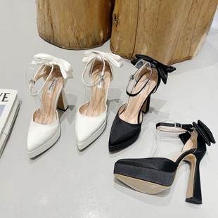 跨境外贸法式尖头中空凉鞋女蝴蝶结粗跟高跟鞋Lazada Women Shoes