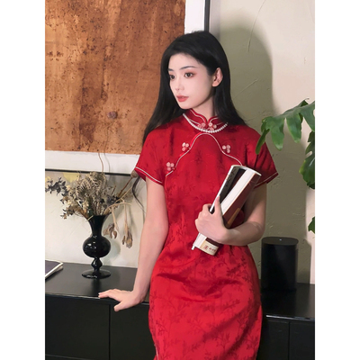 故双栖【送你一朵小红花】新款红色订婚旗袍新中式结婚敬酒服新娘