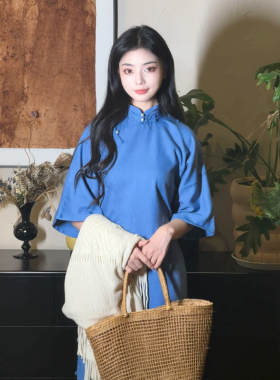 故双栖【漫漫】古法旗袍新中式年轻款文艺优雅蓝色秋冬民国风女装