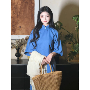 故双栖【漫漫】古法旗袍新中式年轻款文艺优雅蓝色秋冬民国风女装