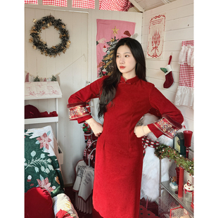 故双栖【苏吟】新中式红色拜年旗袍女冬装新娘结婚订婚敬酒服加绒