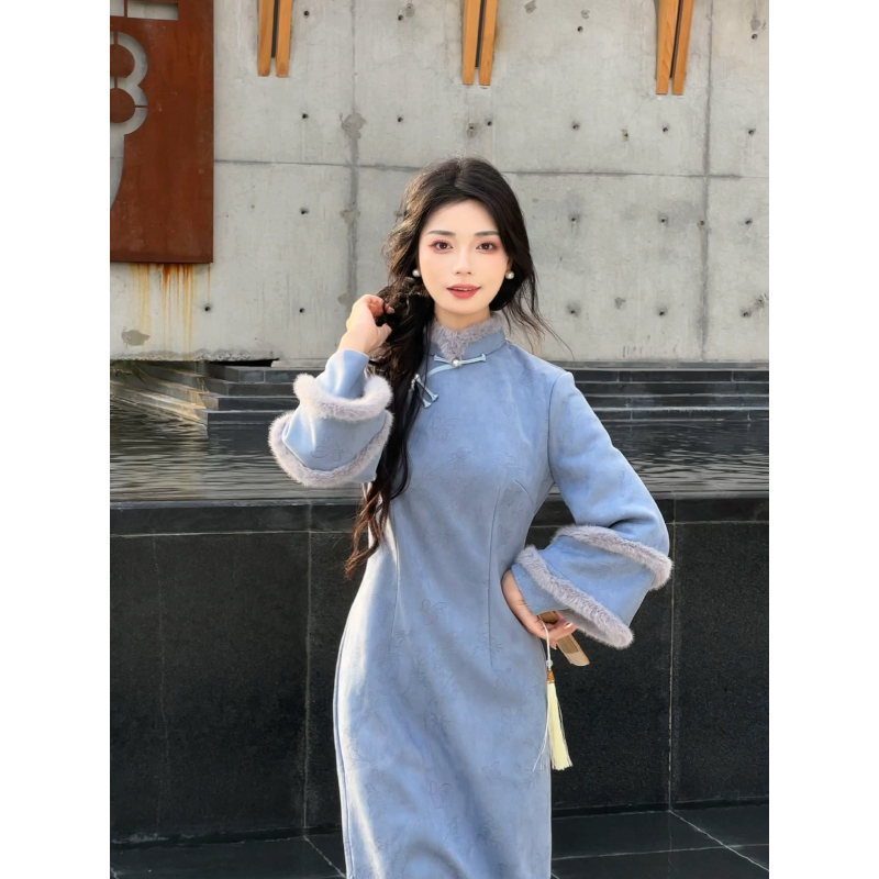 故双栖【溪畔亭风】新款气质蓝色修身旗袍复古民国长袖秋冬高级感