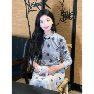 故双栖【暮秋】丝绒长袖旗袍日常鱼尾裙复古气质优雅连衣裙秋冬款