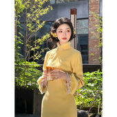 秋壤 新中式 长袖 故双栖 旗袍女秋冬2025新款 气质黄色加绒连衣裙