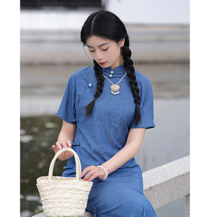 故双栖【梦江南】古法全开襟曳地旗袍女夏季民国复古蓝色日常长款