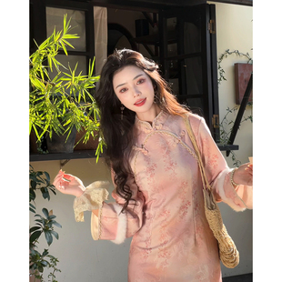 故双栖【花间絮语】2025新款冬装粉色长袖旗袍少女新中式加绒加厚