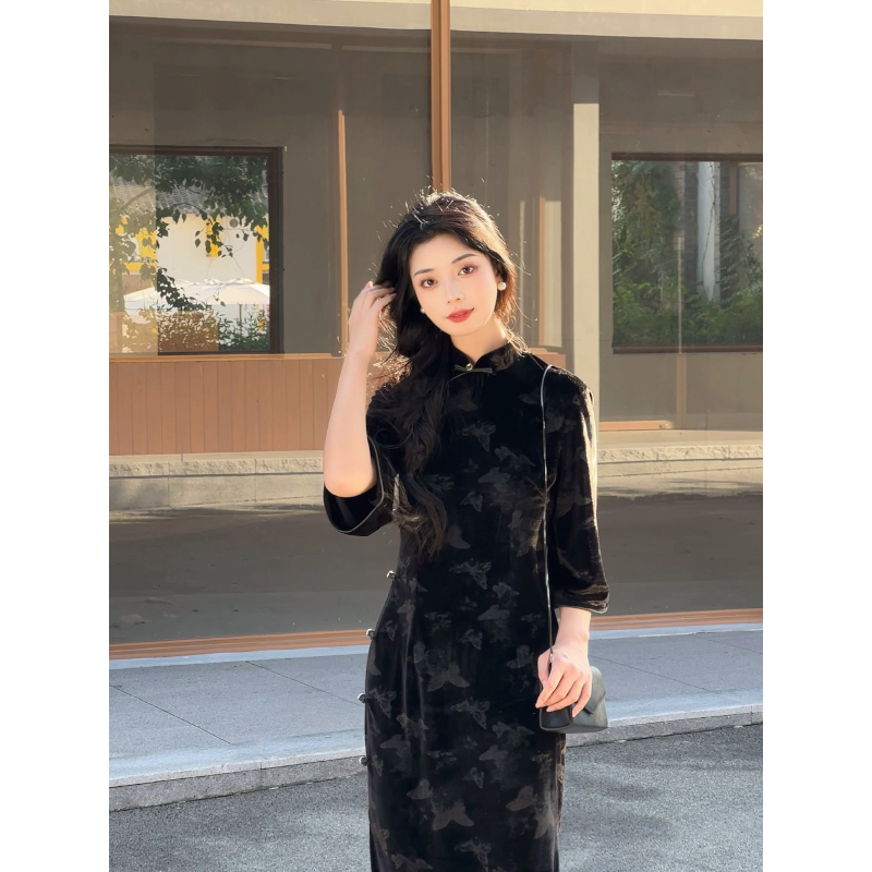 故双栖【墨染】日常黑色丝绒复古新款旗袍女秋冬高级感晚礼服2025