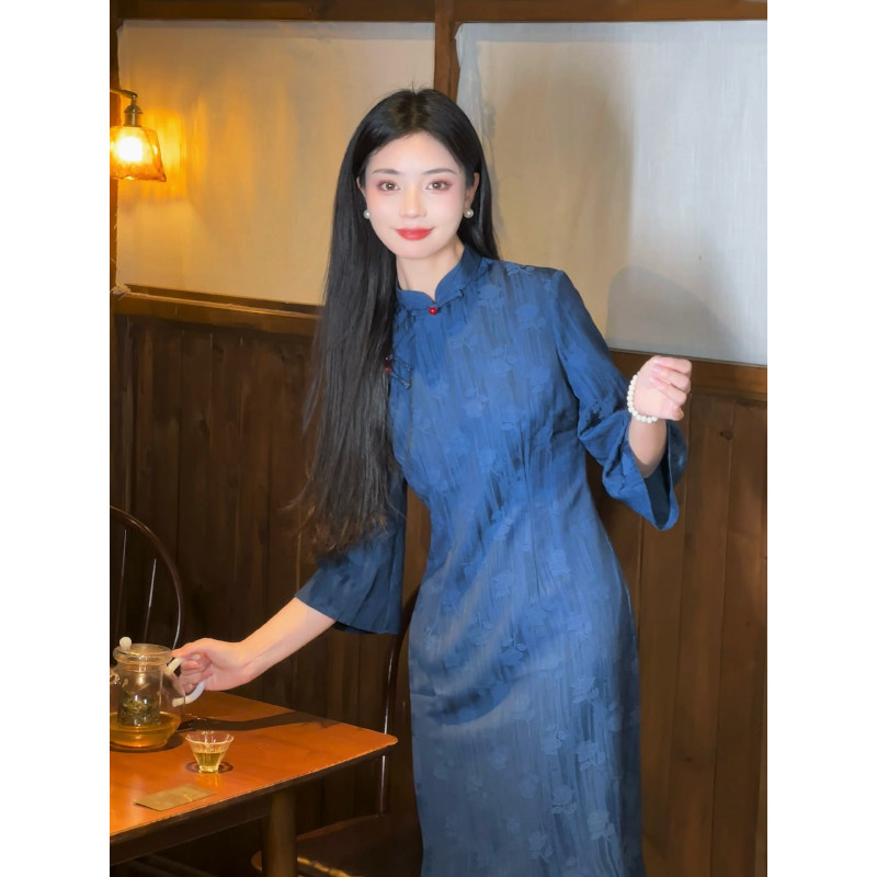 故双栖【南山忆】新中式倒大袖蓝色旗袍小个子复古民国连衣裙长款,女装/女士精品,旗袍,淘宝优惠券,粉丝福利购,淘宝优惠卷