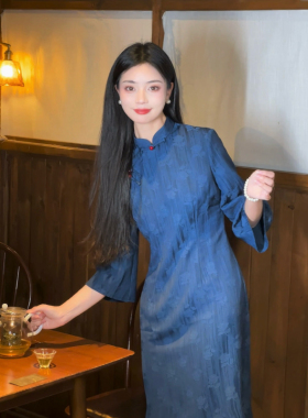 故双栖【南山忆】新中式倒大袖蓝色旗袍小个子复古民国连衣裙长款
