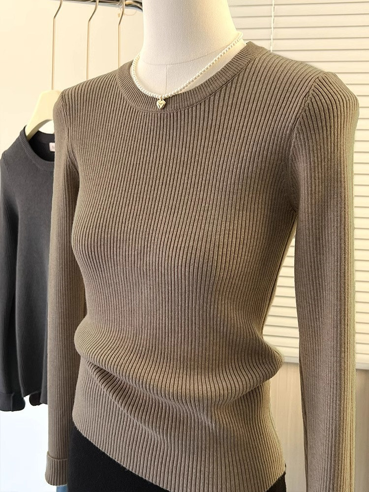 韩系高级感圆领正肩长袖针织打底衫女春秋修身显身材毛衣内搭上衣